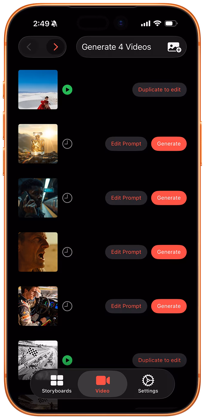 iphone screenshot of storyboard creator ai app for iphone, showing the bulk video generation tab.