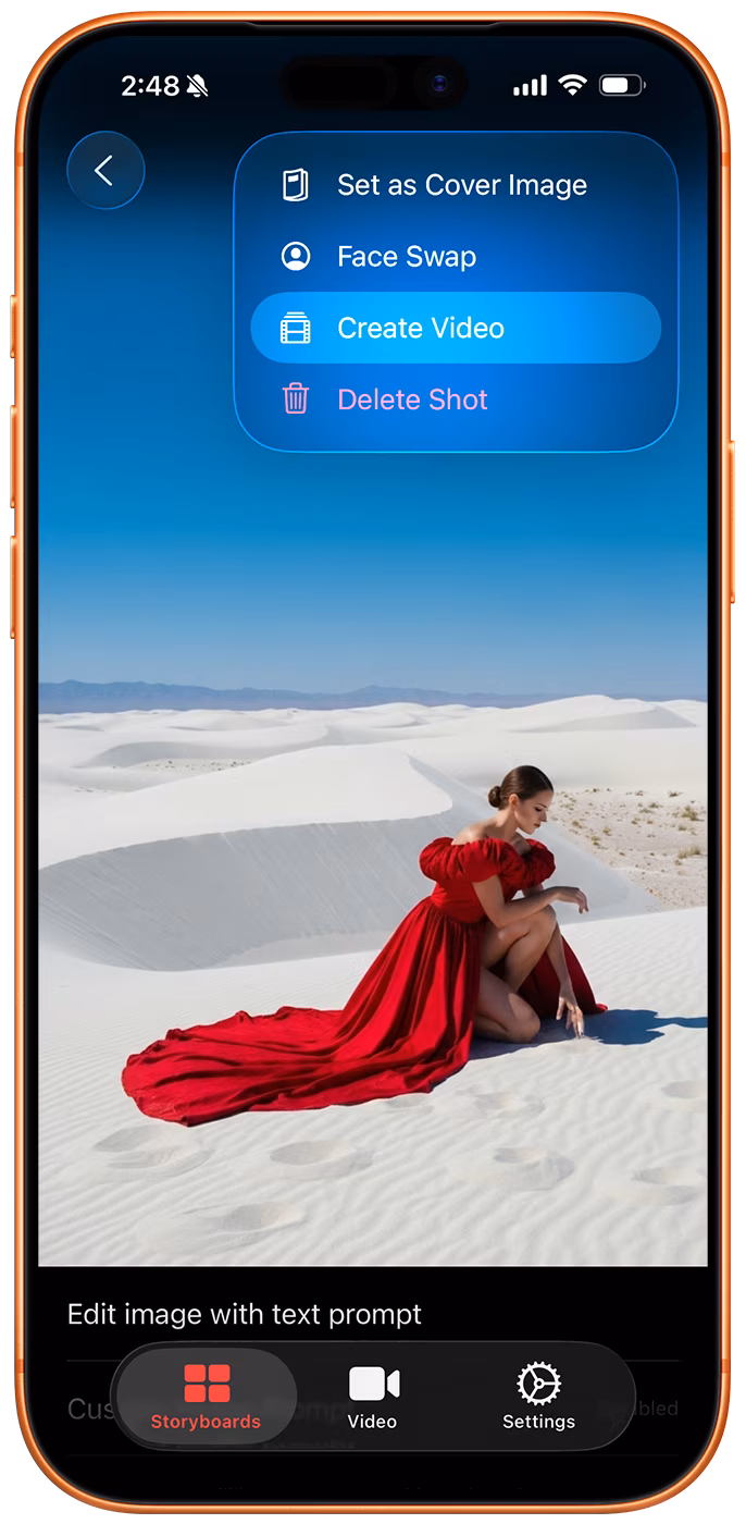 iphone screenshot of storyboard creator ai app for iphone, showing the create video item in toolbar.