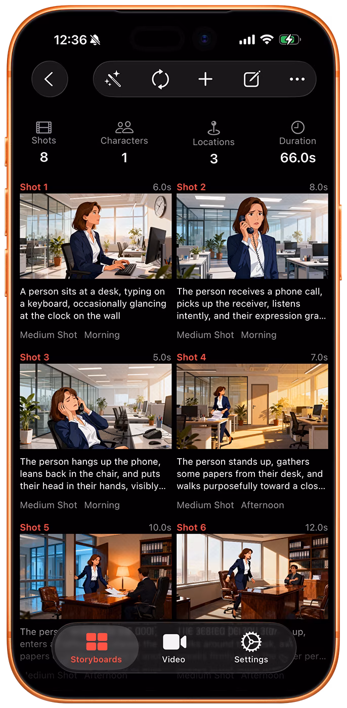 Storyboard Creator AI iOS App for iPhone, showing AI generated storyboard in illustration style.