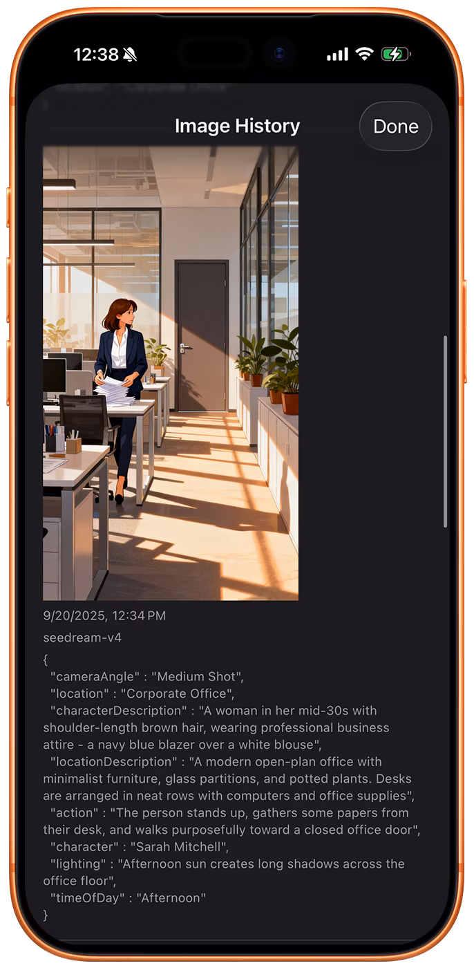 iphone screenshot of storyboard creator ai app for iphone, showing the image history for a shot, it includes the model, json prompt, and image.