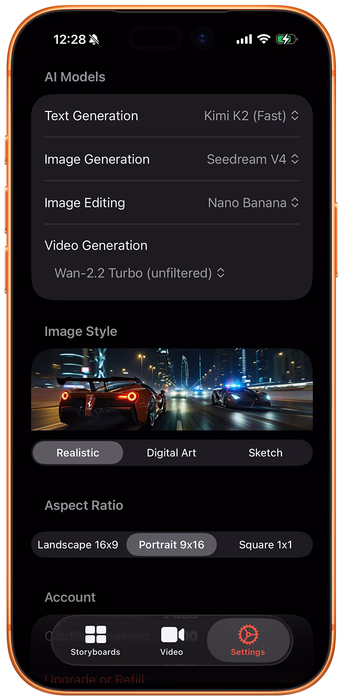iphone screenshot of storyboard creator ai app for iphone, showing the settings tab, it includes the AI model selection, image style, image aspect ratio, and account management.