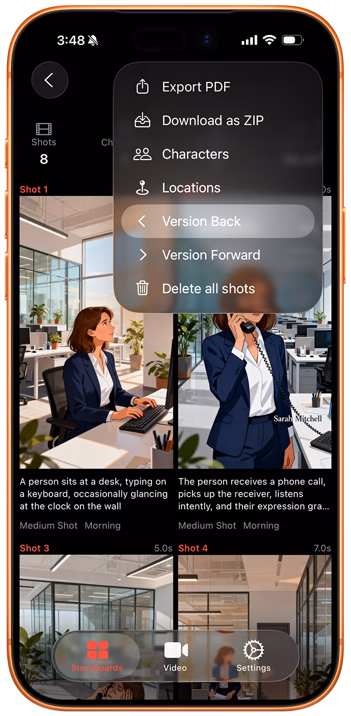 iphone screenshot of storyboard creator ai app for iphone, showing the version back button in storyboard toolbar.