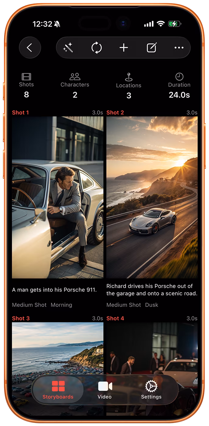 iphone screenshot of storyboard creator ai app for iphone, showing storyboard in vertical aspect ratio.
